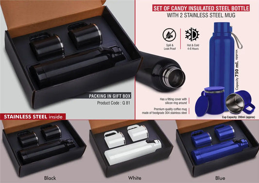Set of Candy Insulated Steel Bottle with 2 Stainless Steel cups in Gift box | Keeps hot/cold upto 6 hours | Exclusive blister packing