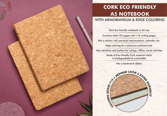 Cork Eco friendly A5 notebook with Memorandum & Edge coloring | 80 gsm sheets | 192 pages