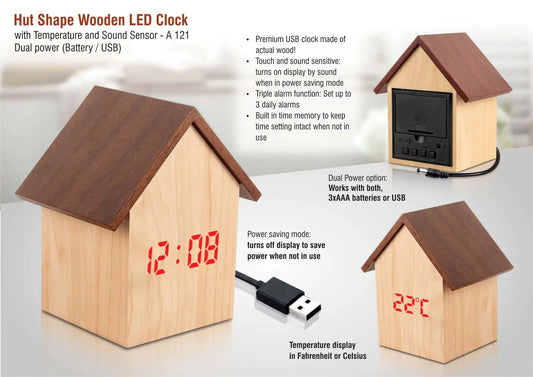 Hut shape wooden LED clock with temperature and sound sensor | Dual power (Battery / USB)