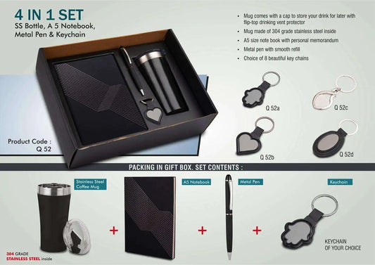 4 in 1 set: Tall sipper mug in 304 steel, Metal pen, A5 notebook and Keychain