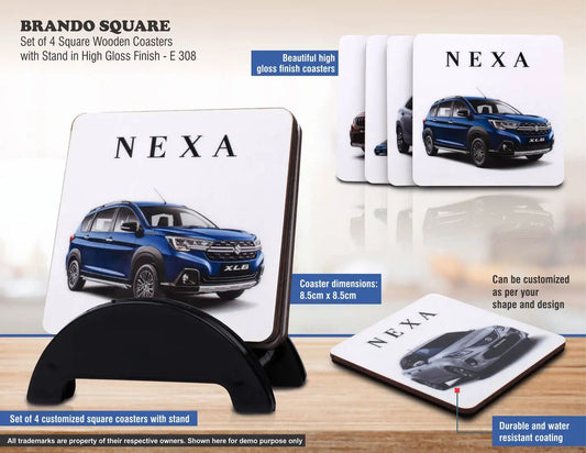 Brando Square: Set of 4 Square Wooden coasters with Stand in High Gloss Finish | MOQ 100 pcs