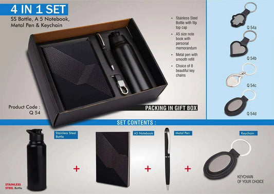 4 in 1 set: Stainless Steel bottle, metal pen, Metal keychain, A5 notebook