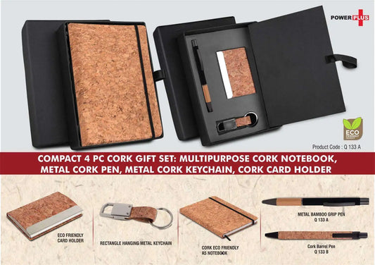 Compact 4 pc Cork gift set: Cork Notebook, Cork pen, Metal Cork Keychain, Cork Card holder