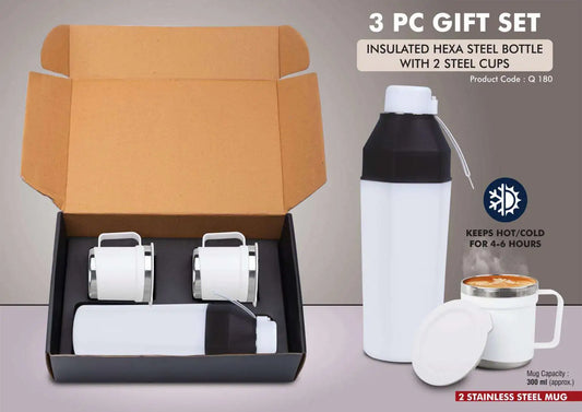 3 pc Gift Set : Insulated Square Steel bottle with 2 Steel cups | Keeps hot for 4-6 hours SKU: Q180