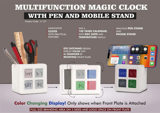 Multifunction Magic Table Clock with Tumbler | Color Changing Display | Spacious Pen Stand with Phone stand