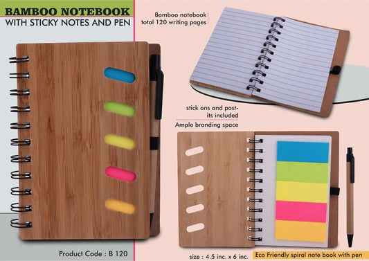 Bamboo notebook with sticky notes and pen