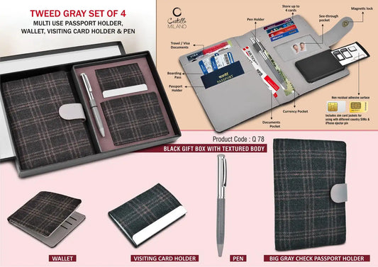 Tweed Gray Set of 4: Multi use Passport holder, Wallet, Card holder, Metal Pen