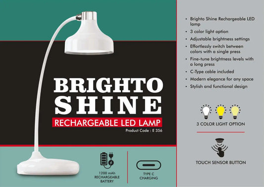Brighto Shine : Rechargeable LED lamp | 3 Color light with Brightness adjustment | Type C Charging