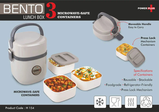 Bento Travel Lunch box with 3 plastic containers | Press Lock mechanism | Square containers