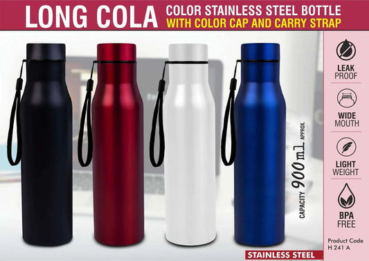 Long Cola Colored Stainless steel bottle | With Colored Cap & Carry strap | Capacity 900ml approx