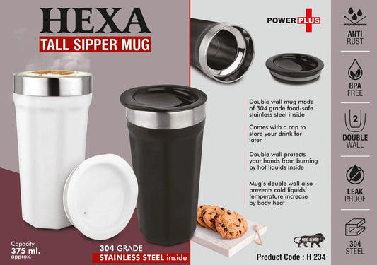 Hexa : Tall sipper mug | 304 grade Stainless steel inside | Capacity 375ml approx