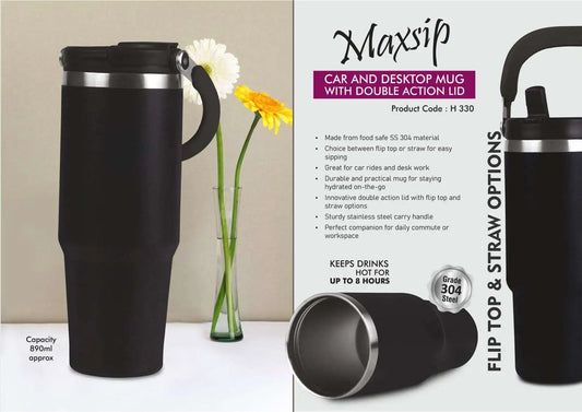 MaxSip: Car and Desktop Vacuumized Mug with Double action Lid | Flip top & Straw options | Food safe SS 304 | Capacity 890ml approx
