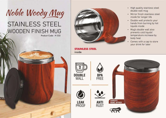 Noble Woody Mug: Stainless Steel Double wall Coffee mug with Wooden Finish | Leakproof | Capacity 460ml approx