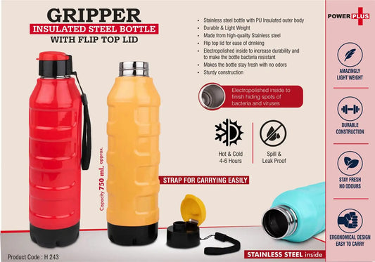 Gripper: Insulated Steel Bottle with Flip top lid | Keeps Hot & Cold for 4-6 Hours | Strap for Carrying easily | Capacity 750 ml approx
