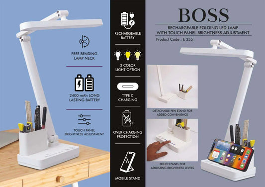 Boss : Rechargeable Folding LED lamp with Touch panel Brightness adjustment | Detachable pen stand | Mobile Stand | 3 Color light option