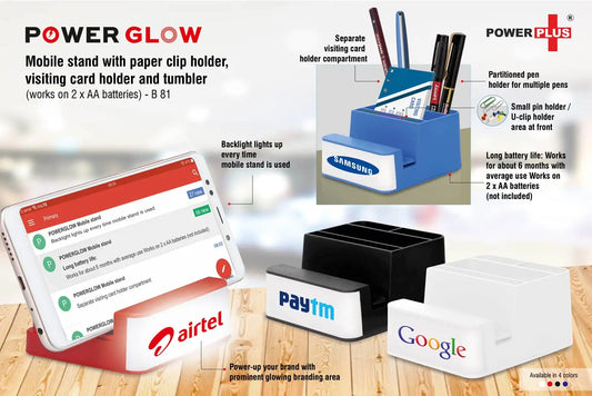 Powerglow Mobile stand with paper clip holder, visiting card holder and tumbler (works on 2 x AA batteries)