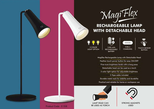 MagiFlex: Rechargeable Lamp with Detachable Head | 3 color light | Detachable head to use as torch | Durable metal neck