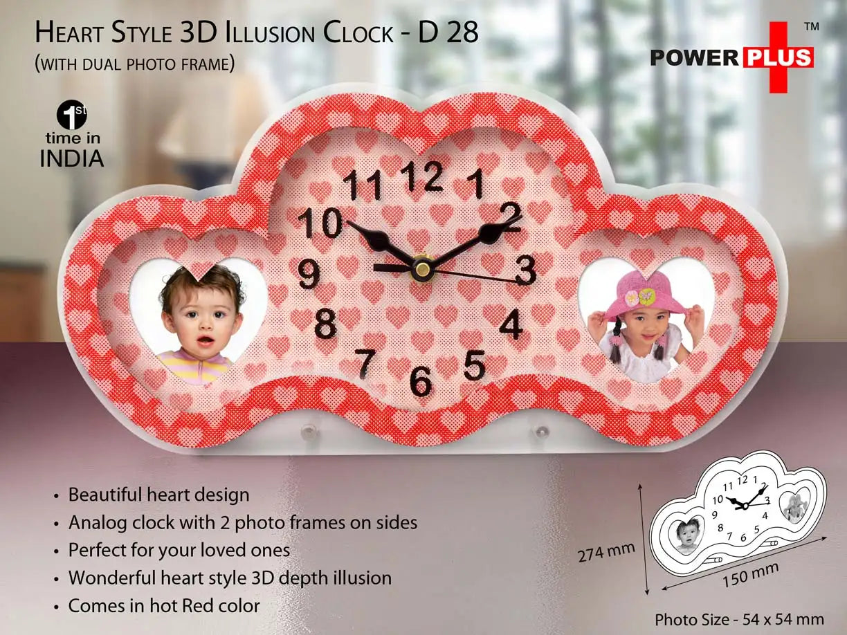 Heart style 3D illusion clock with dual photo frame