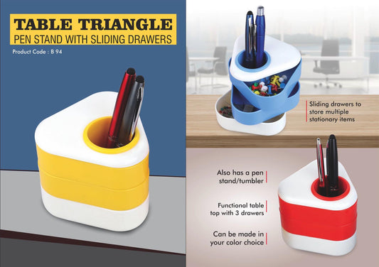 Table triangle: Pen stand with sliding drawers