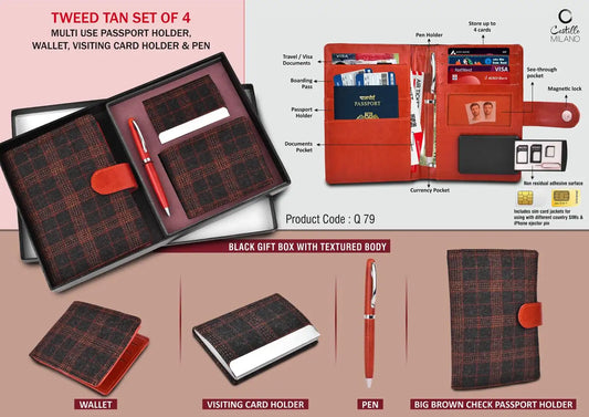 Tweed Tan Set of 4: Multi use Passport holder, Wallet, Card holder, Metal Pen