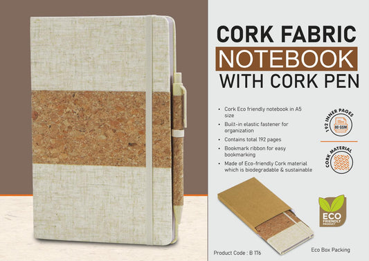 Cork fabric notebook with Cork Pen | 200 writing sheets | 80 gsm pages