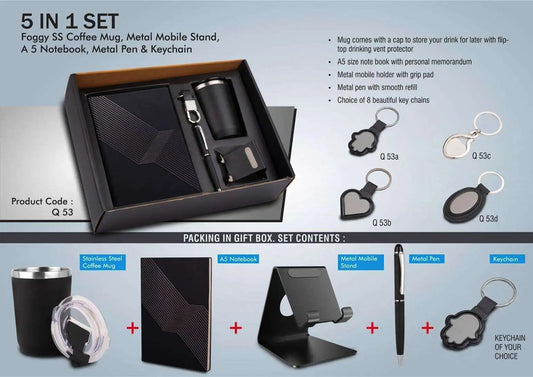5 in 1 set: Foggy SS coffee mug, Metal pen, Metal mobile stand, A5 notebook and Keychain