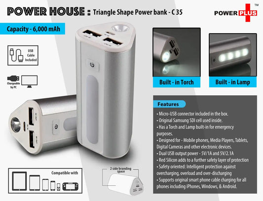 Power House : Triangle shape Power Bank with Lamp and Torch (Dual USB Port) (6000 mAh)