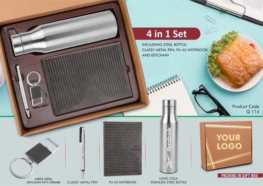 4 in 1 Gray Corporate Gift Set – Metal Keychain, Stainless Steel Bottle, Metal Pen & A5 PU Notebook in Kraft Gift Box