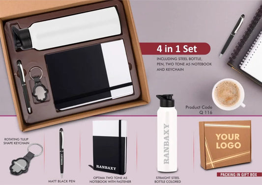 4 in 1 Dual Tone Corporate Gift Set – Tulip Shape Keychain, Stainless Steel Colored Bottle, Metal Pen & A5 PU Notebook in Kraft Gift Box