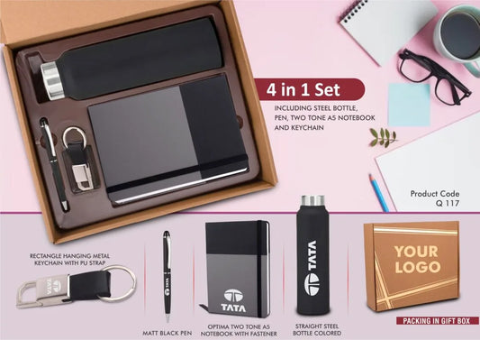 4 in 1 Corporate Gift Set: Metal Keychain, Stainless Steel Bottle, Metal Pen, A5 PU Notebook in Kraft Box