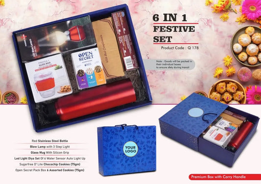 Festive Gift Set of 6: Glass Mug, LED Blow Lamp, SS Bottle & Healthy Treats