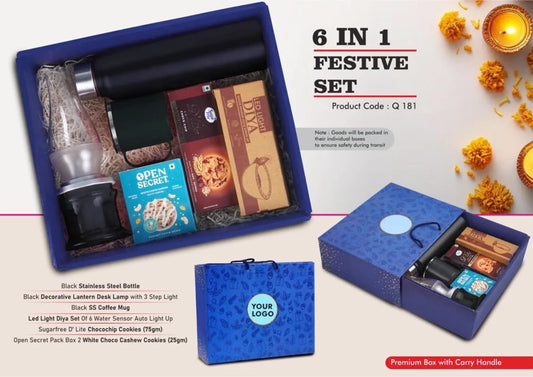 Festive Gift Set of 6: LED Lamp, SS Bottle, Coffee Mug & Gourmet Treats