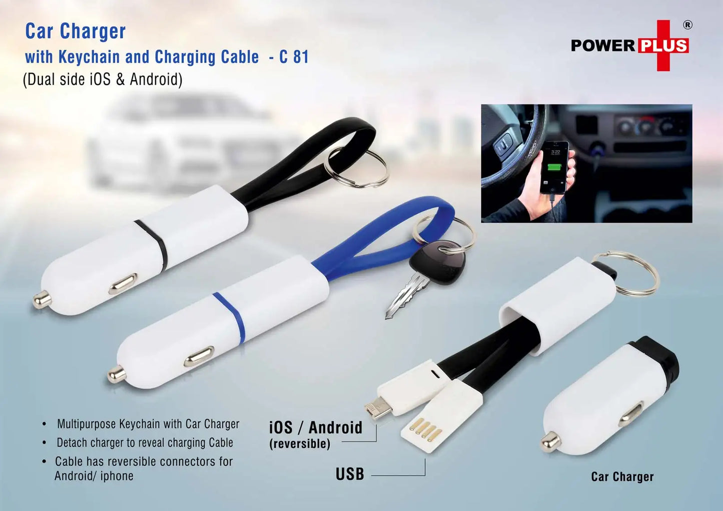 Car charger with keychain and charging cable (dual side iOS & Android)