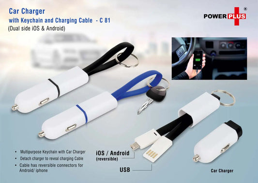 Car charger with keychain and charging cable (dual side iOS & Android)